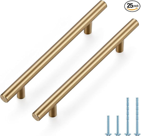 JOY DECOR 25 Pack Champagne Bronze Cabinet Pulls – 7-3/8 Inch Length, 5 Inch (128mm) Hole Center – Stainless Steel Kitchen Cabinet Handles for Drawer and Cupboard