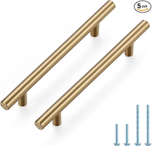 JOY DECOR 5 Pack Champagne Bronze Cabinet Pulls – 7-3/8 Inch Length, 5 Inch (128mm) Hole Center – Stainless Steel Kitchen Cabinet Handles for Drawer and Cupboard