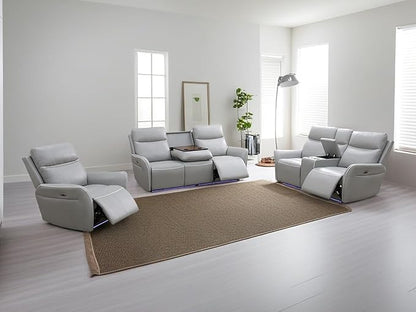 Recliner Power Sofa Couches, 3PCS Grey Breathing Leather Power Reclining Sofa, Living Room Furniture Sets with Cup Holders/Storage Console/Drop-Down Table for Apartment/Home/Office