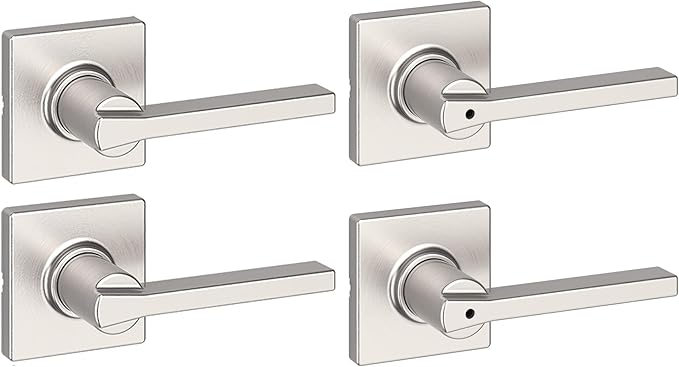 Kwikset Casey Hallway Passage and Bed/Bath Privacy Door Handle 4 Pack, 2 Passage Levers and 2 Privacy Levers, Satin Nickel Reversible Interior Handles