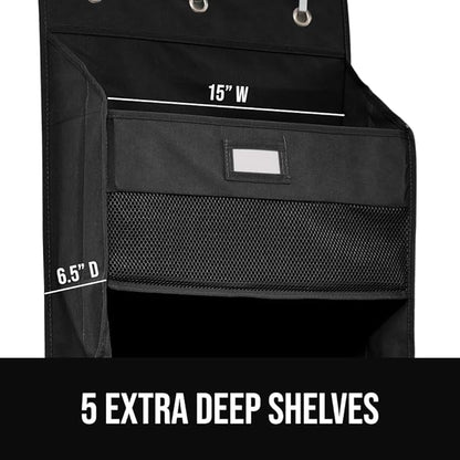 GORILLA GRIP Over The Door Organizer Storage, 5 Deep Hanging Shelves, Holds 50lbs, Closet Organizers Shelf for Bedroom, Shoes, Bathroom, Nursery, Dorm Essentials, 3 Metal Hooks, 58x15 Inches, Black