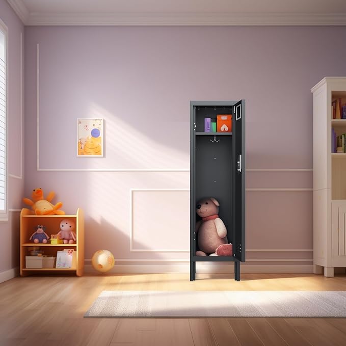 Metal Storage Locker with Lock & Card Slot Locker - Secure Lockable Door - Steel Locker for School, Office, Gym, Home - 54" H x 15" W x 15" D（1 Door, Black）