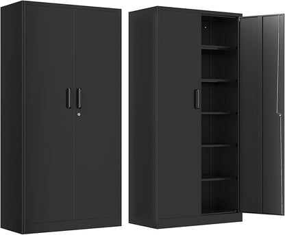 Metal Garage Storage Cabinet, 71" Tall Storage Cabinets with 2 Doors and 5 Adjustable Shelves, Steel Utility Tool Caninet, Black Locking Caninets, Lockable File Cabnet for Home/Office/School