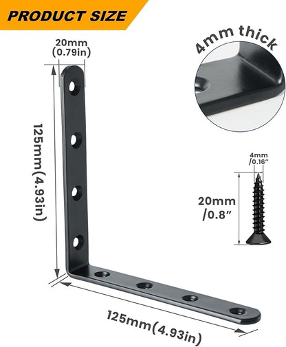 Alise 4 PCS L Brackets Heavy Duty Corner Bracket, 5 X5 Inch Black Floating Shelf Brackets for Shelves, Stainless Steel L Shape Wall Mounting Brackets, Metal L Joint Angle Bracket for Wood Shelving