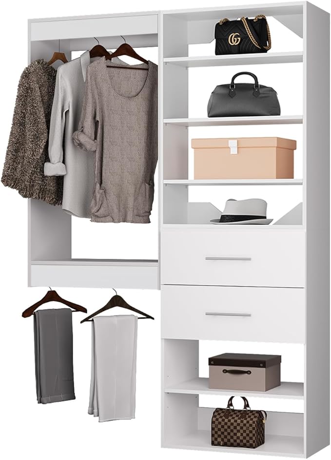 ROOMTEC Modular Closet System, 55" Wall Mounted Closet Organizer with Hanging Rods and Drawers, Wooden Tower for Walk-In Closets, Wardrobe Storage Kit, White
