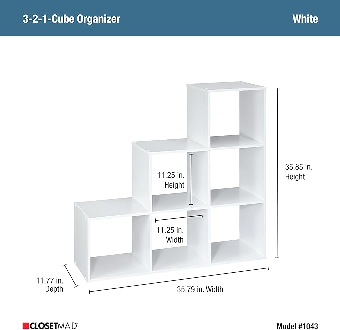 ClosetMaid Cubeicals 3-2-1 Cube Storage Shelf Organizer Bookshelf, 3 Tier, Steps, Corner Unit, Easy Assembly, Wood, White Finish