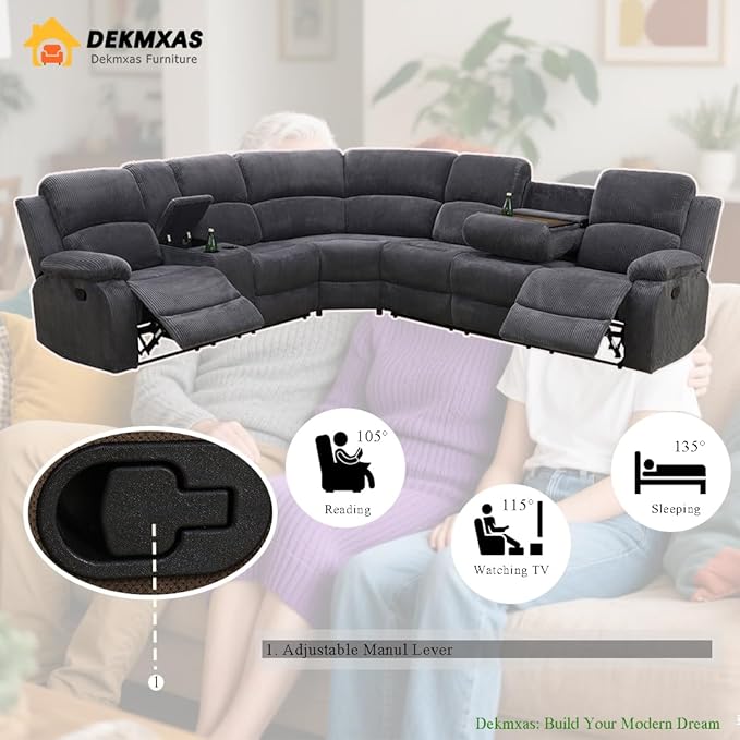 3-Piece Living Room Furniture Set, Reclining Sectional Sofa Set, Grey Corduroy Sofa Sets with Drop-Down Table, Sectional Recliner with Storage Console for Living Room, Bedroom, Office