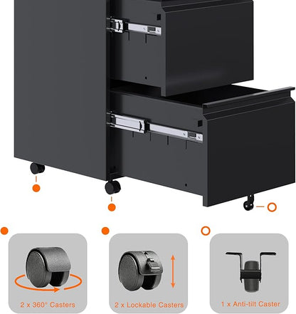 Aobabo 2 Drawer File Cabinet with Lock, Pre-Assembled Mobile Filing Cabinet Under Desk, Anti-Tilt Rolling Metal Office Storage for Letter and Legal Size, Black