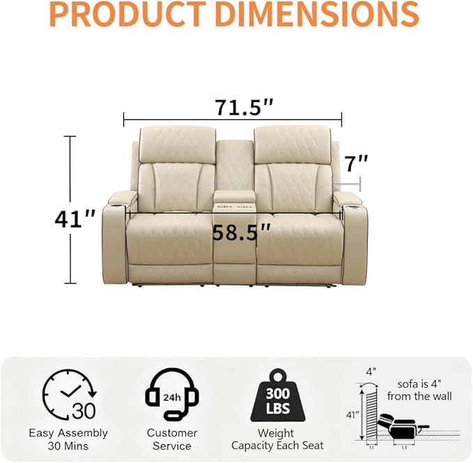 Power Recliner Loveseat Set, Living Room Furniture Sets, 2 Seated Loveseat Modern Reclining Couches, Khaki Leather Reclining Couch Sets with Storage Console/Cup Holder for Living Room/Apt
