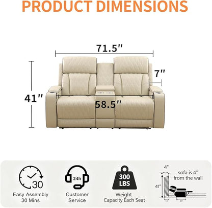 Power Recliner Loveseat Set, Living Room Furniture Sets, 2 Seated Loveseat Modern Reclining Couches, Khaki Leather Reclining Couch Sets with Storage Console/Cup Holder for Living Room/Apt