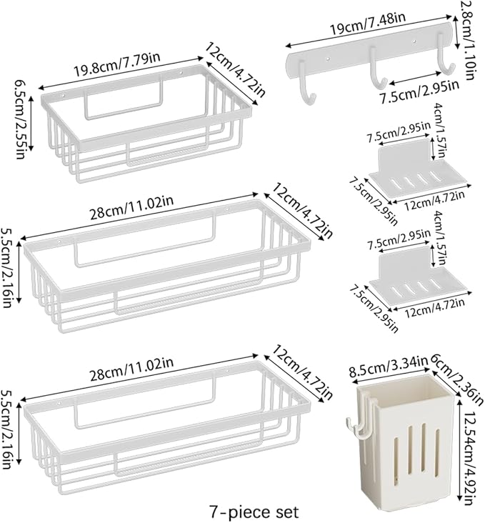 Wall Mounted Bathroom Organizer Set, White, 3-Tier Storage Basket Shelves with Soap Holder, Toothbrush Cup, Hooks for Toiletries, Adhesive Installation