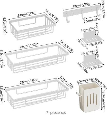 Wall Mounted Bathroom Organizer Set, White, 3-Tier Storage Basket Shelves with Soap Holder, Toothbrush Cup, Hooks for Toiletries, Adhesive Installation