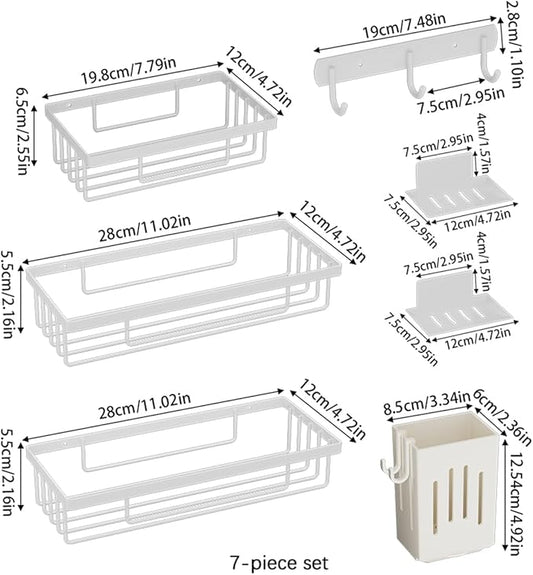 Wall Mounted Bathroom Organizer Set, White, 3-Tier Storage Basket Shelves with Soap Holder, Toothbrush Cup, Hooks for Toiletries, Adhesive Installation