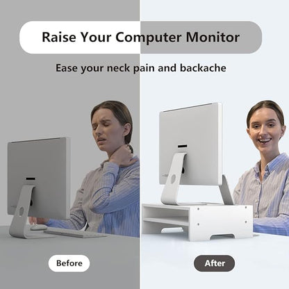 Bambloom Monitor Stand Riser with Storage Organizer Desktop with Cooling Holes Bamboo Laptop Riser Shelf for Office and Home Use 16.7x11.8x5 inch (White)