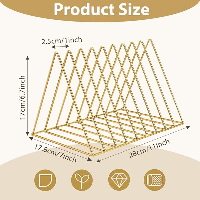 4Pcs Triangle File Holder, 9 Slot Black Magazine Holder, Metal Vinyl Record Storage Stand, Desktop File Organizer Magazine Rack, Bookshelf Organizer for Office Home, Letter Book (Gold) (Gold)