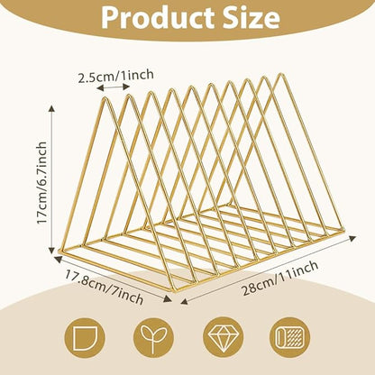 4Pcs Triangle File Holder, 9 Slot Black Magazine Holder, Metal Vinyl Record Storage Stand, Desktop File Organizer Magazine Rack, Bookshelf Organizer for Office Home, Letter Book (Gold) (Gold)