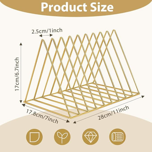 4Pcs Triangle File Holder, 9 Slot Black Magazine Holder, Metal Vinyl Record Storage Stand, Desktop File Organizer Magazine Rack, Bookshelf Organizer for Office Home, Letter Book (Gold) (Gold)