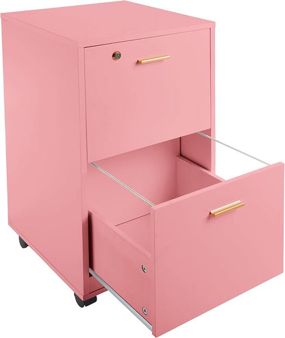 Lavish Home 2 Drawer File Cabinet - Filing Cabinet with Lock - Rolling File Cabinet for Under Desk Storage - Wood Filing Cabinet for Home or Office Organization (Pink)