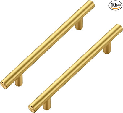 JOY DECOR 10 Pack Cabinet Handles, Gold Cabinet Pulls, 5 in Hole Center Kitchen Cabinet Handles, Stainless Steel T Bar Handles for Dresser Drawers