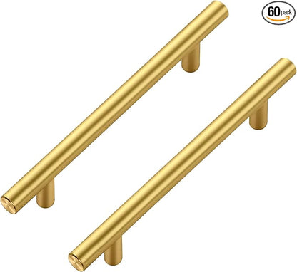 JOY DECOR 60 Pack Cabinet Handles, Gold Cabinet Pulls, 5 in Hole Center Kitchen Cabinet Handles, Stainless Steel T Bar Handles for Dresser Drawers
