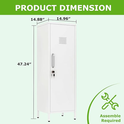 47" Metal Storage Locker, Lockable Employees Metal Locker with Door and Adjustable Shelves, Steel Locker for Home, School, Office, Gym (White)
