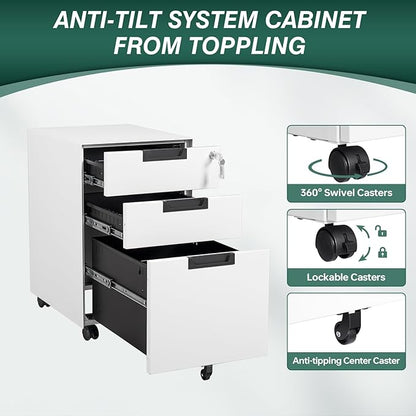 Mobile File Cabinet,3 Drawer Locking Storage Filing Cabinet,Office Metal Storage Cabinet on Wheels for Legal/Letter/A4 File(Fully Assembled，White)