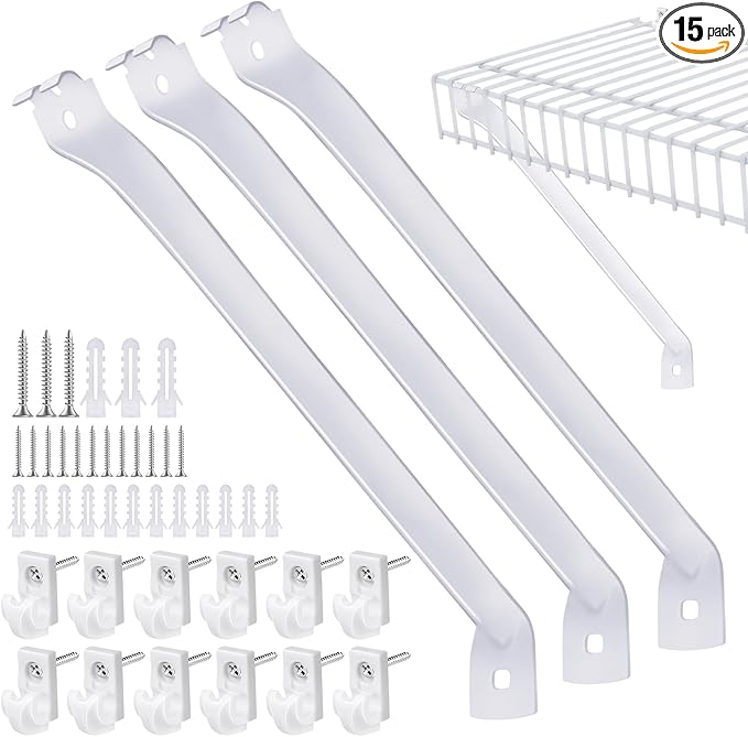 3 Pack 12 Inch Support Brackets for Wire Shelving Wire Shelf Brackets +12 Pcs Wire Shelf Clips, with Anchors and Pins for Installation Wire Shelving Support Brackets for Support Closet Wire