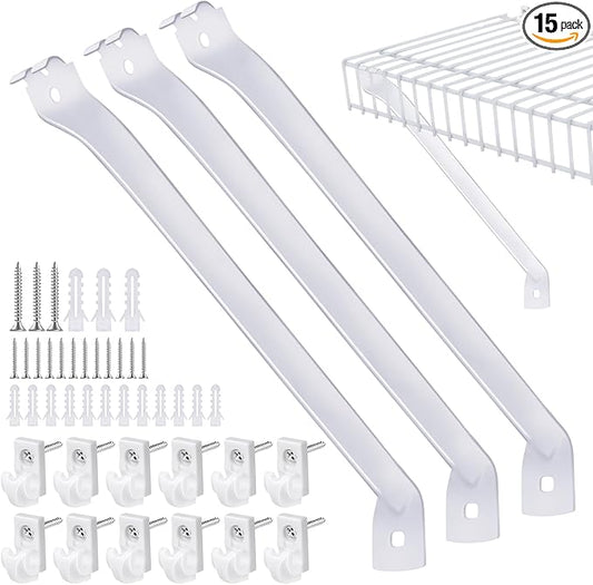 3 Pack 12 Inch Support Brackets for Wire Shelving Wire Shelf Brackets +12 Pcs Wire Shelf Clips, with Anchors and Pins for Installation Wire Shelving Support Brackets for Support Closet Wire
