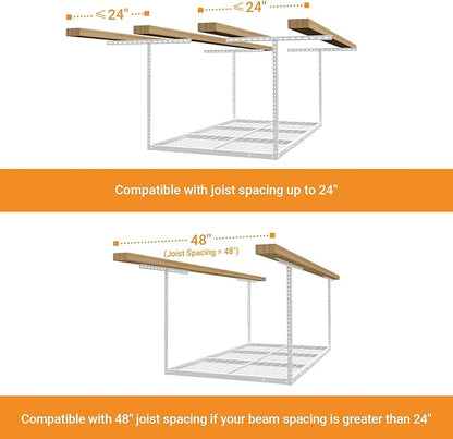 4x6ft Overhead Garage Storage Rack, Heavy Duty Metal Ceiling Shelf, 22'' to 40" Adjustable Dropdown, 450lbs Loading Weight Capacity, White