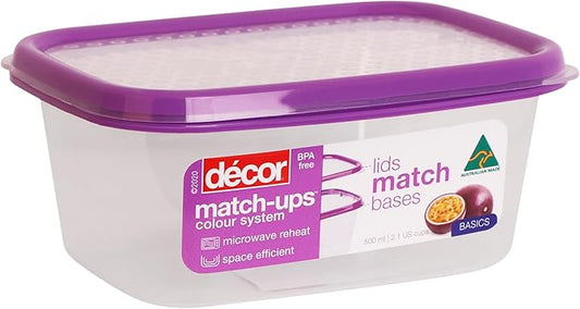 Décor Match-ups Basics Oblong | Food Storage Pantry Container | Ideal for Meal Prep | BPA Free | Dishwasher, Freezer & Microwave Safe, Clear/Purple, 500ml