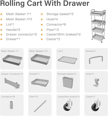 4 Tier Rolling Cart Organizer,Art Craft Diaper Bedside Snack Laundry Room Bathroom Organizer Narrow Thin Slim Rolling Trolley Utility Cart with Wheels for Kitchen,Office(Grey)