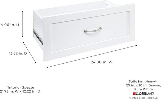 ClosetMaid SuiteSymphony Wood Closet Drawer, Add On Accessory, Shaker Style, For Storage, Closet, Clothes, 25” x 10” Size for 25 in. Units, Pure White