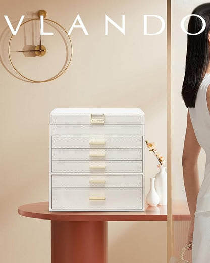 Vlando 6 Layer Large Jewelry Box - Jewelry Holder Organizer, Jewelry Box Organizer for Drawer Necklace Ring Bracelet and Watch, Birthday Gift for Loved Ones - Beige