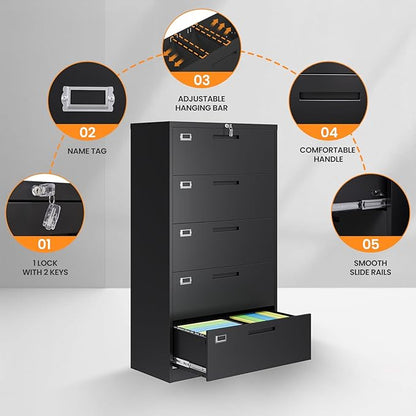 5 Drawer File Cabinets for Home Office, Metal Filing Cabinet with Lock, Black Locking File Caninet Five Drawer, Office Storage Caninets Steel Cabnet for Letter/Legal/A4/F4-Assembly Required