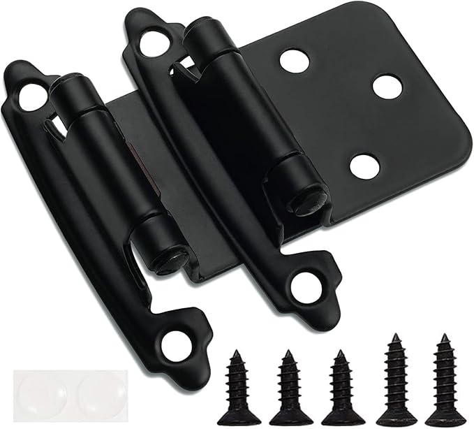 Decobasics 1/2" Overlay Matte Black Cabinet Hinges 50 Pack (25 Pair) Self Closing Bath & Kitchen Cabinet Hinges Black Flush Mount w/Door Bumpers & Upgraded Screws