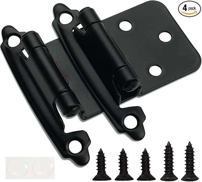 Decobasics 1/2" Overlay Matte Black Cabinet Hinges (2 Pair -4 Pcs) Self Closing Bath & Kitchen Cabinet Hinges Black Flush Mount w/Door Bumpers & Upgraded Screws