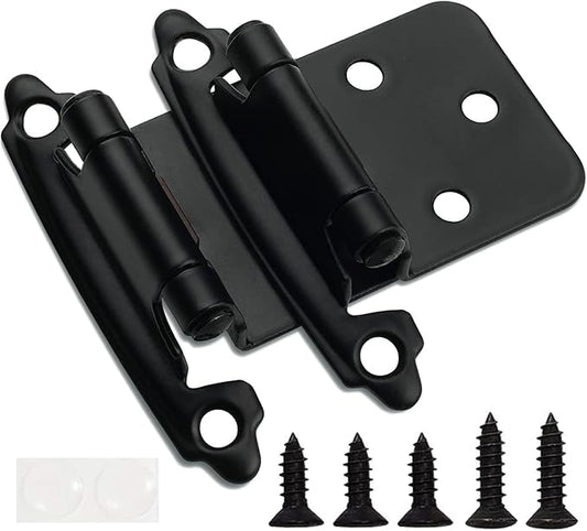 Decobasics 1/2" Overlay Matte Black Cabinet Hinges (1 Pair -2 Pcs) Self Closing Bath & Kitchen Cabinet Hinges Black Flush Mount w/Door Bumpers & Upgraded Screws