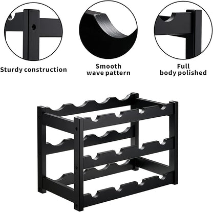 VASMIA Bamboo Wine Rack, Sturdy and Durable Wine Storage Cabinet Shelf, Wine Racks Countertop for Pantry,Kitchen,3-Tier 12 Bottles Wine Rack Black