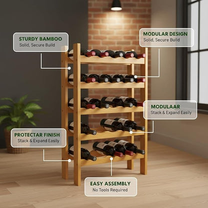 NutriChef Bamboo Wine Rack Freestanding Floor, 8-Tier Wooden Wine Storage Shelf Holds 72 Bottles, Stackable Wine Stand and Wine Holder for Bar, Kitchen, Cabinet, or Cellar Display