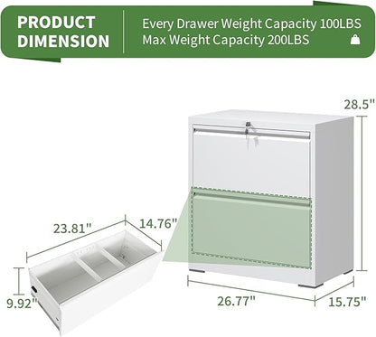 2 Drawer Lateral File Cabinet, Metal Lateral Filing Cabinet for Home Office, Filing Cabinets for Letter/Legal/A4/F4 Hanging Files (White)