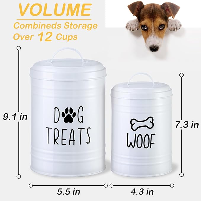 Dog Treat Container Airtight, Dog Treat Jar Set of 2 with Lid - 9x5.5''&7x4'' Metal Dog Cookie Jar for Farmhouse Kitchen Counter, White Pet Treat Container, Dog Treat Storage Container for Dogs, Cats