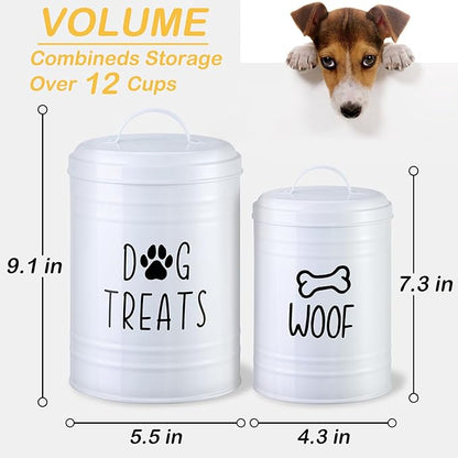 Dog Treat Container Airtight, Dog Treat Jar Set of 2 with Lid - 9x5.5''&7x4'' Metal Dog Cookie Jar for Farmhouse Kitchen Counter, White Pet Treat Container, Dog Treat Storage Container for Dogs, Cats