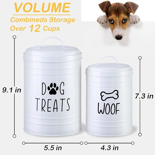 Dog Treat Container Airtight, Dog Treat Jar Set of 2 with Lid - 9x5.5''&7x4'' Metal Dog Cookie Jar for Farmhouse Kitchen Counter, White Pet Treat Container, Dog Treat Storage Container for Dogs, Cats