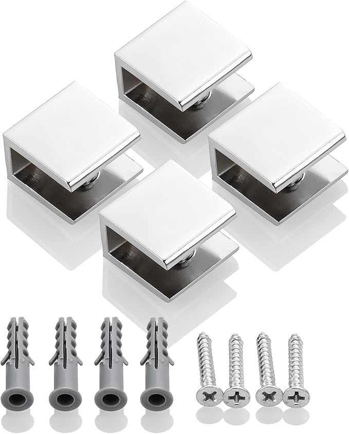 SAYAYO Glass Shelf Brackets Stainless Steel, Adjustable Railing Holder for 6-12 mm Wood/Glass Shelves, Heavy Duty Wall Mount Clamps Clip Support Hardware Replacement Parts Polished Chrome, 4Pcs