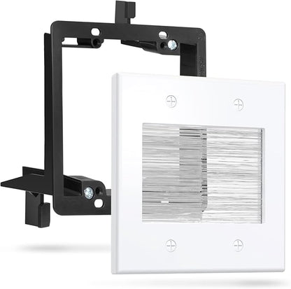 Fosmon 2-Gang Brush Wall Plate White, Double Gang Cable Management Kit for Cable pass through, Wire Cord Hider for Wall Mounted TV, Coaxial, HDMI, Ethernet Speaker Wires with Black Bracket