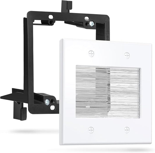 Fosmon 2-Gang Brush Wall Plate White, Double Gang Cable Management Kit for Cable pass through, Wire Cord Hider for Wall Mounted TV, Coaxial, HDMI, Ethernet Speaker Wires with Black Bracket