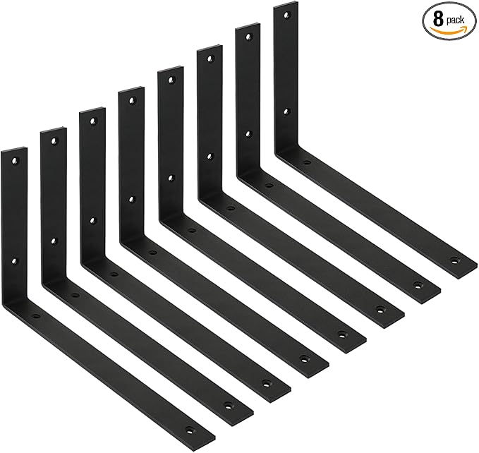WINKER Shelf Bracket 8 Pack 12" Lx8 Hx1.5 W 5mm Thick Heavy Duty Black 12 Inch Metal Iron L Brackets for Wall Shelves