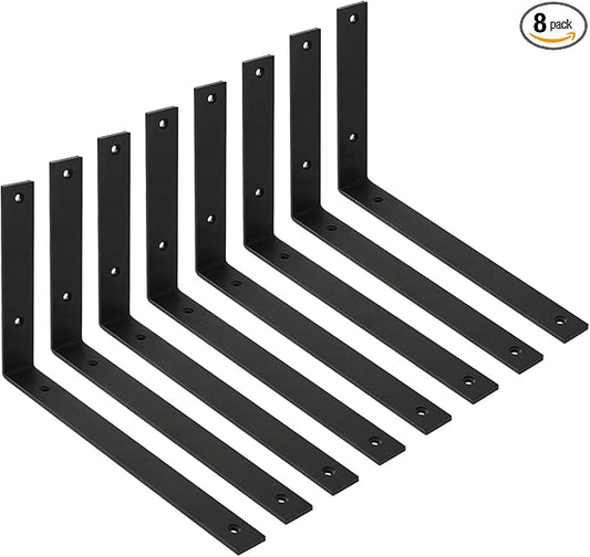 WINKER Shelf Bracket 8 Pack 12" Lx8 Hx1.5 W 5mm Thick Heavy Duty Black 12 Inch Metal Iron L Brackets for Wall Shelves