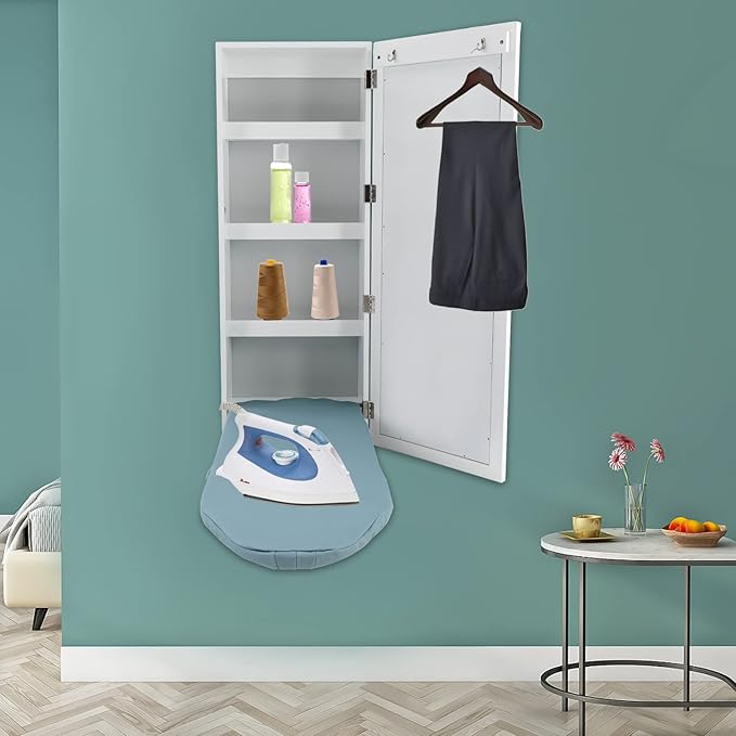 3 Tier Shelf Wall-Mounted Ironing Board Foldable Clothes Ironing Table Pull-Out Stow Away Ironing Board Retractable Small Ironing Board Ironing Storage with Mirror for Home Apartment