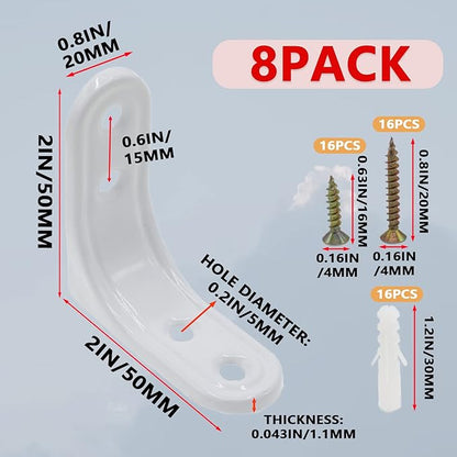 8pcs 2 Inch L Brackets, Heavy Duty Wall Mount White L Corner Brackets Braces for Wood, Shelves, Cabinets, 90 Degree Triangle Shelf Support with Screws, Small Right Angle Bracket